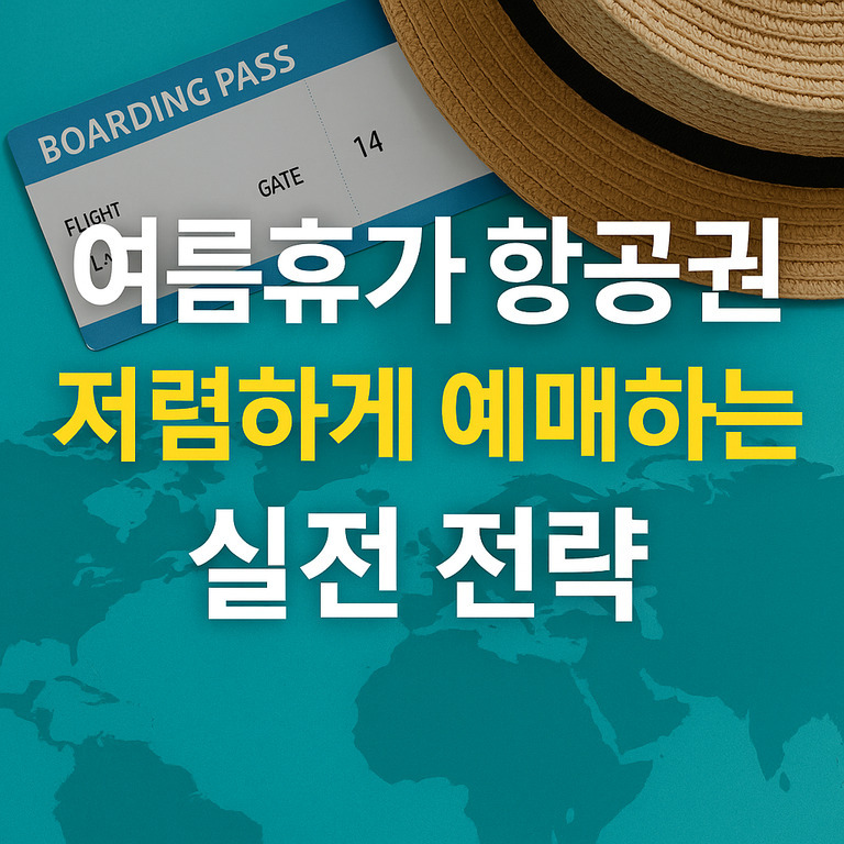 비행기 탑승권과 밀짚모자가 놓여 있고, '여름휴가 항공권 저렴하게 예매하는 실전 전략'이라는 문구가 적혀 있는 이미지