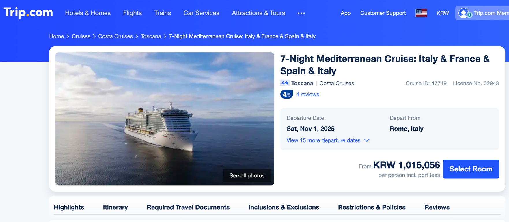 지중해를 항해하는 대형 크루즈선의 사진과 '7-Night Mediterranean Cruise: Italy & France & Spain & Italy'라는 여행 상품 정보가 표시된 웹사이트 화면.
