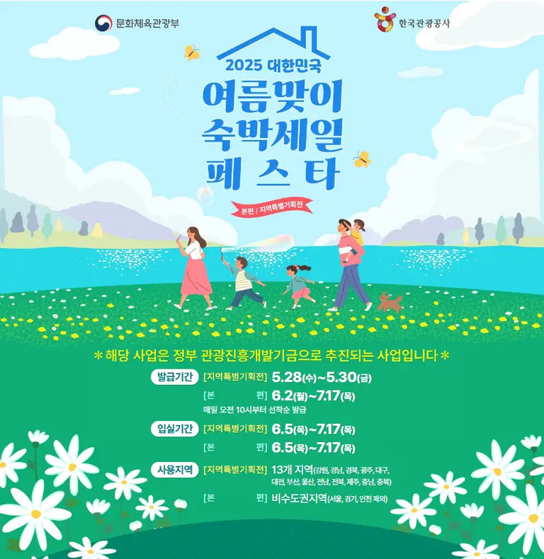 2025 대한민국 여름맞이 숙박세일 페스타 홍보 포스터. 가족들이 강가에서 산책하는 일러스트와 함께 행사명, 기간(6월 2일부터 7월 17일까지), 사용지역 및 발급기간 등 안내문구가 적혀 있다. 문화체육관광부와 한국관광공사 로고 포함.