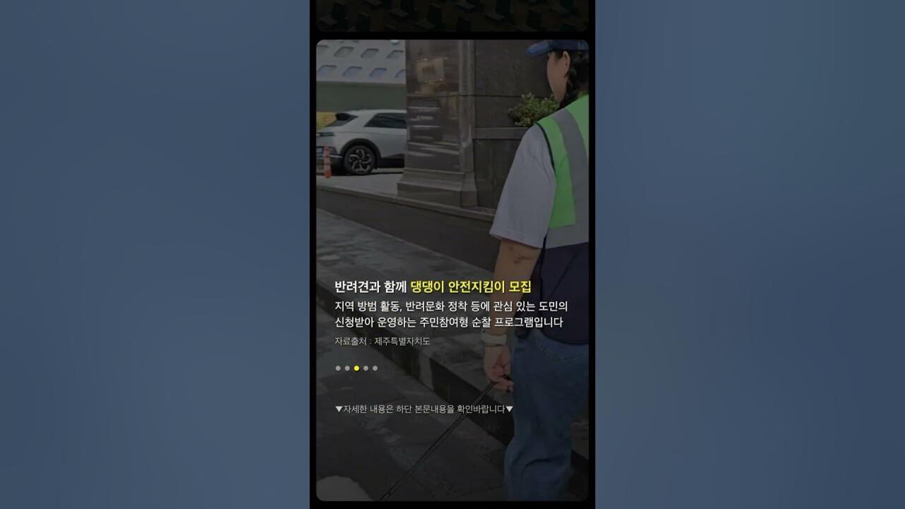안전조끼를 입은 사람이 반려견과 함께 길을 걷고 있으며, '반려견과 함께 댕댕이 안전지킴이 모집'이라는 안내문이 화면 중앙에 표시되어 있다.