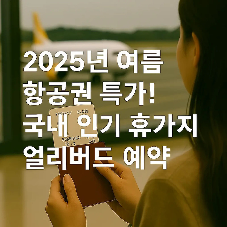 여성이 공항에서 비행기 탑승권과 여권을 들고 있으며, '2025년 여름 항공권 특가! 국내 인기 휴가지 얼리버드 예약'이라는 문구가 적혀 있다.