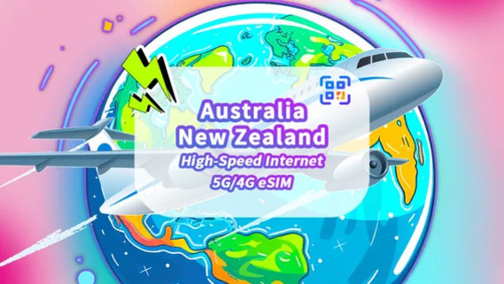 지구를 배경으로 비행기가 날아가고 있으며, 중앙에 'Australia New Zealand High-Speed Internet 5G/4G eSIM'이라는 문구가 적혀 있는 이미지
