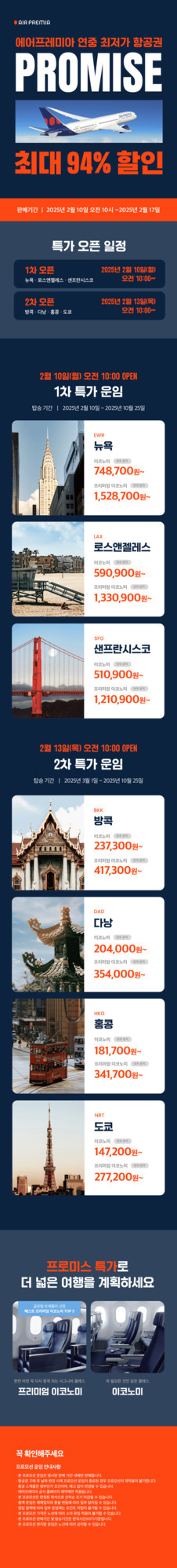 에어프레미아 항공권 최대 94% 할인 프로모션 안내 이미지. 뉴욕, 로스앤젤레스, 샌프란시스코, 방콕, 다낭, 홍콩, 도쿄 등 다양한 노선의 특가 오픈 일정과 가격이 나와 있으며 프리미엄 이코노미 및 이코노미 좌석 사진도 포함됨.