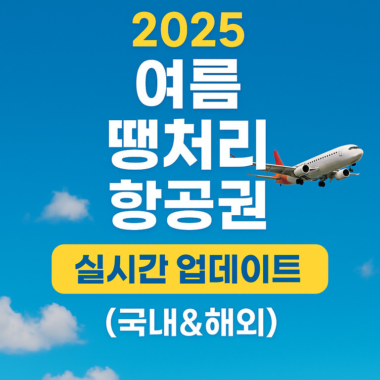 파란 하늘을 배경으로 비행기가 날고 있으며, '2025 여름 땡처리 항공권 실시간 업데이트 (국내&해외)'라는 문구가 적혀 있다.