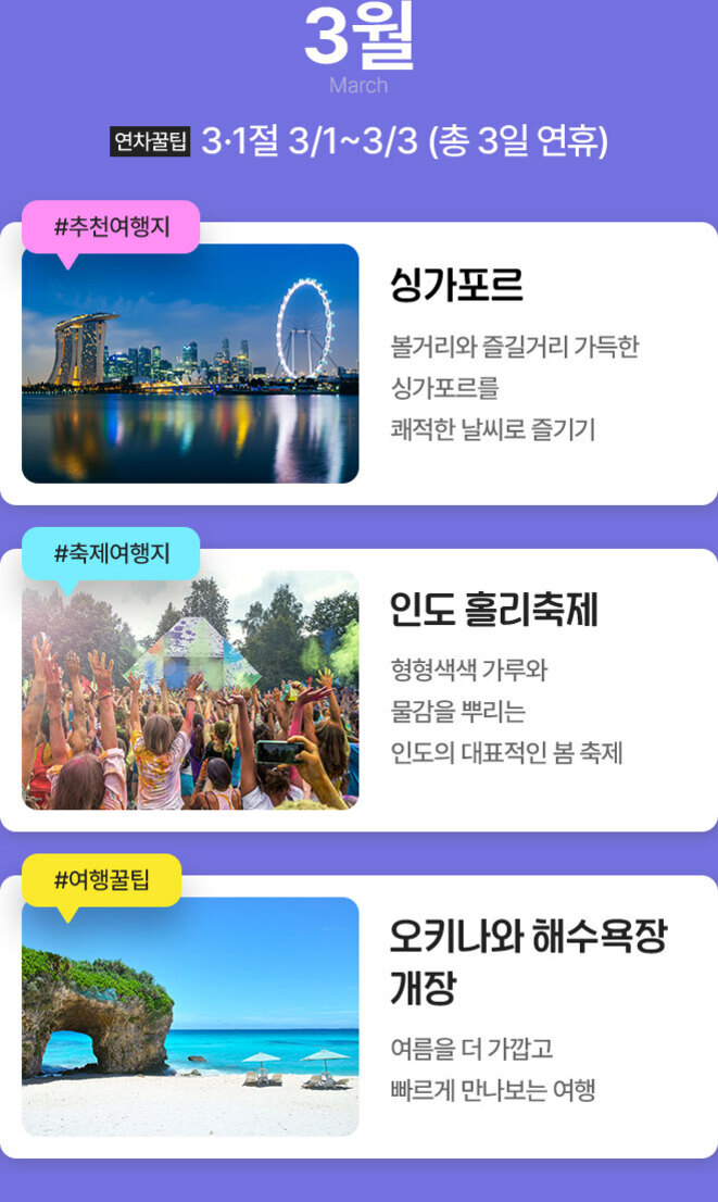 3월 여행 추천 이미지. 3일 연휴(3/1~3/3)에 갈 만한 곳으로 싱가포르, 인도 홀리축제, 오키나와 해수욕장 개장이 소개되어 있다. 각 여행지의 대표 사진과 간단한 설명이 함께 있음.