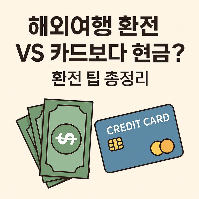 해외여행 환전 VS 카드보다 현금? 환전 팁 총정리라는 문구와 함께 지폐와 신용카드 그림이 있는 이미지
