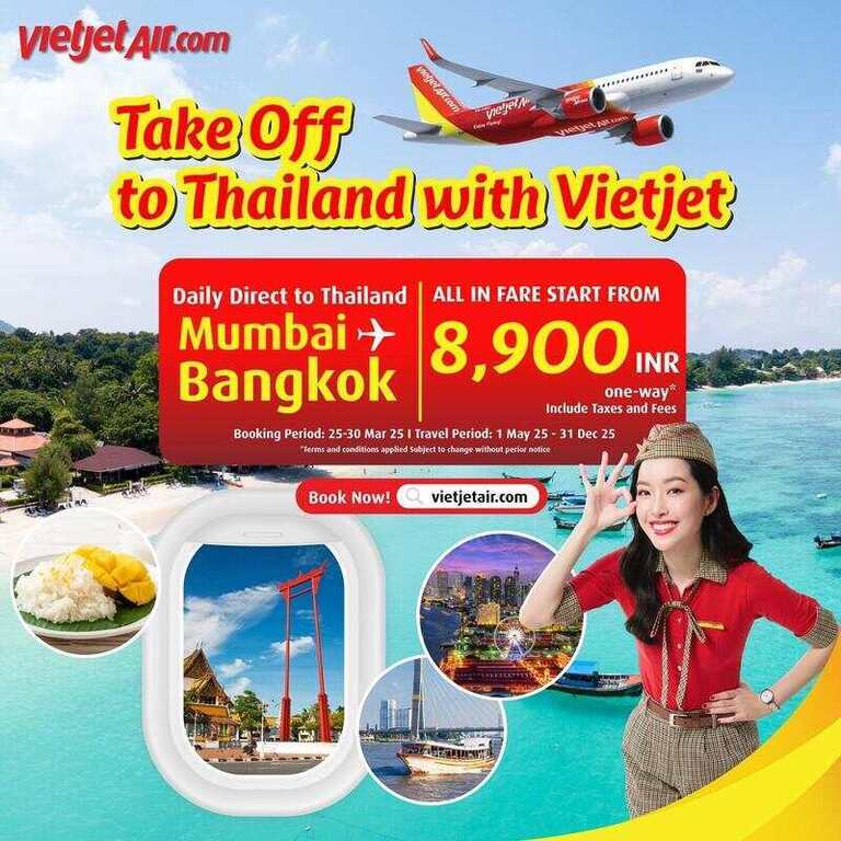 Vietjet 항공이 뭄바이-방콕 직항 노선을 홍보하는 광고 이미지. 태국 해변, 비행기, 승무원 복장의 여성, 음식과 관광지 사진 등이 포함되어 있으며 요금은 8,900 INR부터 시작한다고 안내.
