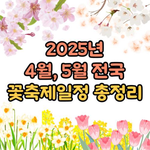 2025년 4월, 5월 전국 꽃축제일정 총정리라는 문구가 중앙에 있고, 주위에는 다양한 봄꽃 그림이 장식된 이미지