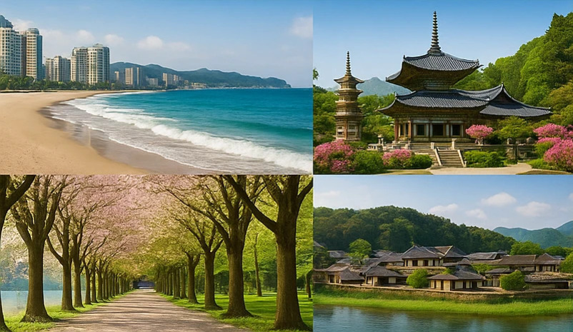 고층 건물 옆 해변, 전통 사찰과 탑, 벚꽃나무 길, 한옥 마을이 네 칸으로 나누어진 사진