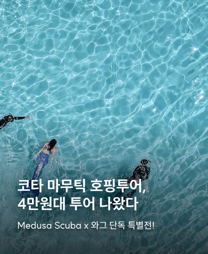 맑은 바닷물 위에서 세 명의 사람이 스노클링을 하고 있으며, 하단에는 '코타 마무틱 호핑투어, 4만원대 투어 나왔다'라는 문구와 'Medusa Scuba x 와그 단독 특별전!'이라는 안내문이 있다.