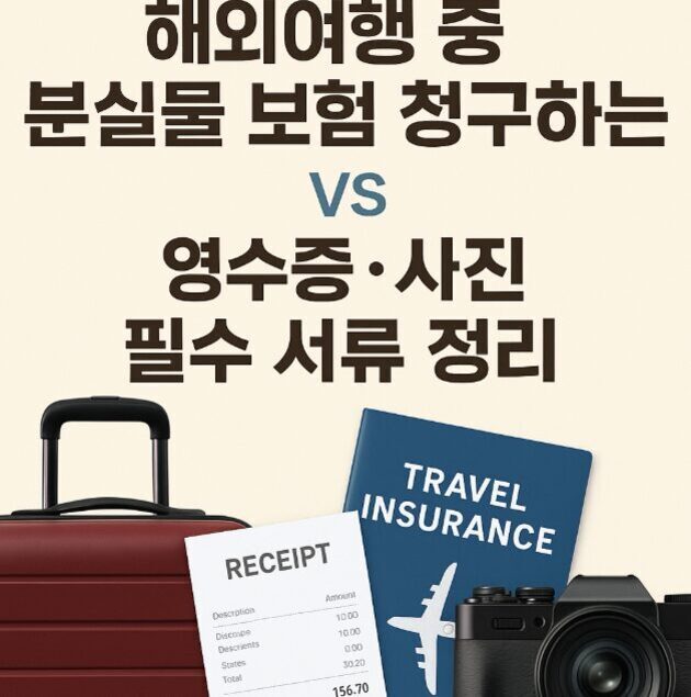 해외여행 중 분실물 보험 청구와 관련하여 영수증, 사진 등 필수 서류 정리가 필요하다는 안내 문구와 함께 여행가방, 영수증, 여행자보험 증서, 카메라 이미지가 있는 그림