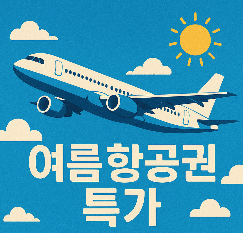 파란 하늘에 비행기가 날고 있고, 해와 구름이 있으며 '여름항공권 특가'라는 문구가 적혀 있는 이미지