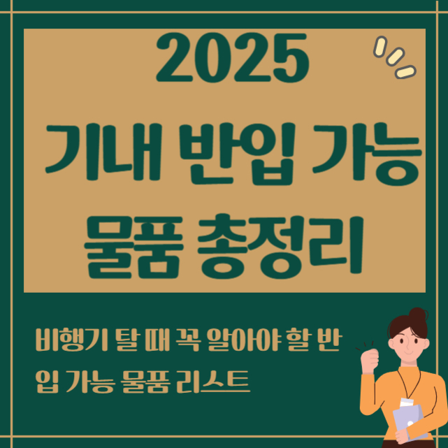 2025 기내 반입 가능 물품 총정리, 비행기 탈 때 꼭 알아야 할 반입 가능 물품 리스트라는 문구와 함께 오른쪽 하단에 손을 든 여성 일러스트가 있는 이미지