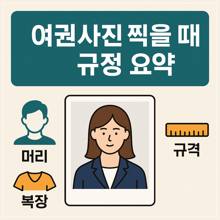 여권사진 찍을 때 규정 요약이라는 제목과 함께 머리, 복장, 규격에 대한 아이콘과 정장을 입은 여성의 여권사진 일러스트가 있는 이미지