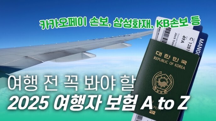 비행기 날개와 하늘을 배경으로 대한민국 여권과 항공권이 보이며, 상단에는 '카카오페이 손보, 삼성화재, KB손보 등'이라는 문구가 있고, 하단에는 '여행 전 꼭 봐야 할 2025 여행자 보험 A to Z'라는 글자가 적혀 있다.