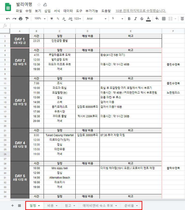 발리 여행 일정표가 구글 스프레드시트로 작성되어 있으며, 각 날짜별 시간, 일정, 예상 비용 및 비고란으로 구성됨. 하단에는 '일정', '비용', '참고', '에어비엔비 숙소 후보', '준비물' 등의 시트 탭이 있음.