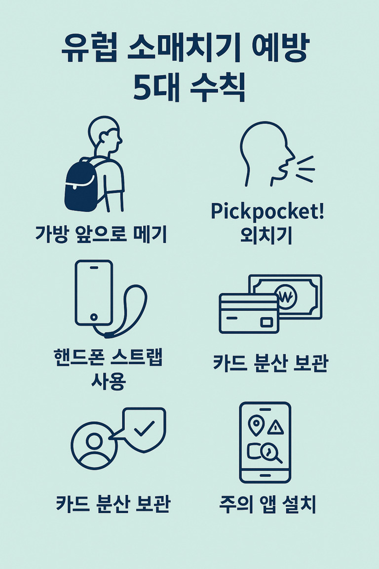 유럽 소매치기 예방 5대 수칙을 안내하는 이미지로, 가방 앞으로 메기, pickpocket 외치기, 핸드폰 스트랩 사용, 카드 분산 보관, 주의 앱 설치가 그림과 함께 설명되어 있다.