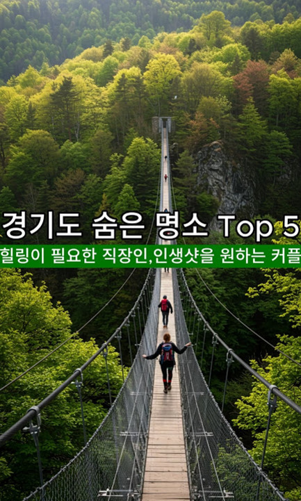 로컬 여행지 숨은 명소 추천: 서울 근교부터 지방 소도시까지 특별한 자연명소 탐방법 4 푸르른 숲 위에 놓인 긴 출렁다리를 걷는 사람들, 상단에는 '경기도 숨은 명소 Top 5'라는 문구와 하단에는 '힐링이 필요한 직장인, 인생샷을 원하는 커플'이라는 문구가 있음.