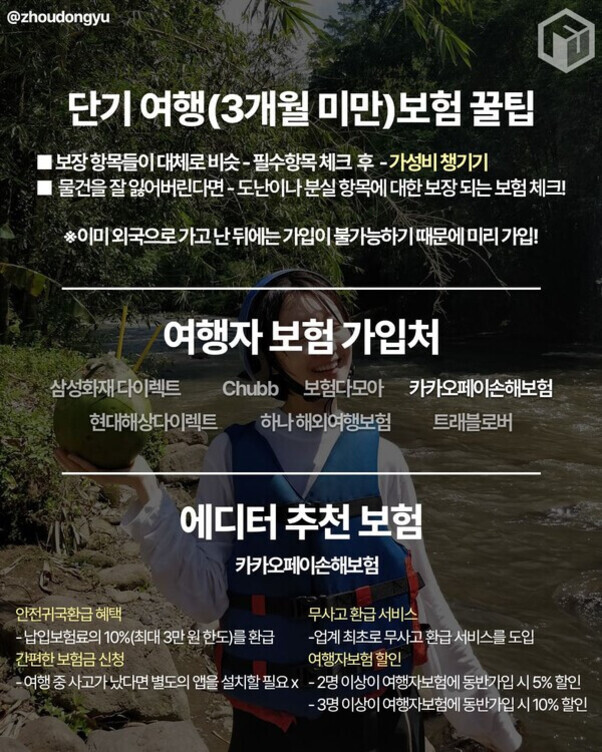 단기 여행(3개월 미만) 보험 꿀팁, 여행자 보험 가입처(삼성화재 다이렉트, 현대해상 다이렉트, Chubb, 하나 해외여행보험, 보험다모아, 카카오페이손해보험, 트래블로버), 에디터 추천보험(카카오페이손해보험)과 각종 혜택, 서비스, 할인 정보에 대해 설명하는 인포그래픽. 배경에는 구명조끼를 입고 코코넛을 든 사람이 강가에서 포즈를 취하고 있음.
