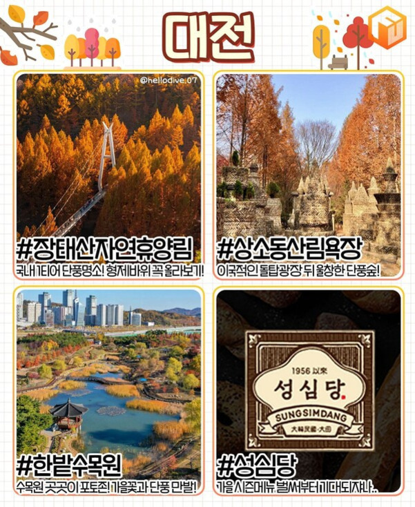 대전의 가을 명소와 음식점 소개 이미지. 장태산자연휴양림의 단풍과 출렁다리, 상소동산림욕장의 돌탑과 단풍숲, 한밭수목원의 단풍과 연못, 성심당 빵집 로고가 각기 사진과 함께 소개되어 있다.