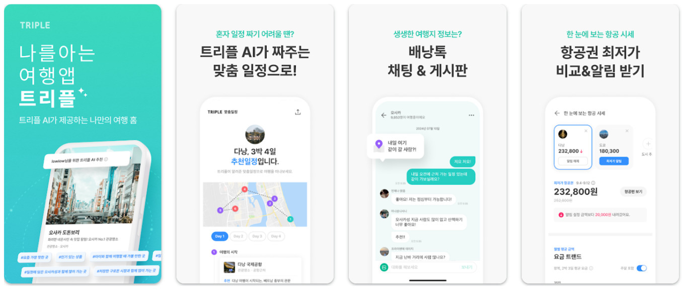 여행 앱 트리플의 주요 기능을 소개하는 이미지로, 맞춤 일정 추천, 배낭톡 채팅 및 게시판, 항공권 최저가 비교와 알림 서비스 등이 강조되어 있다. 각 패널마다 실제 앱 화면 예시가 함께 보인다.