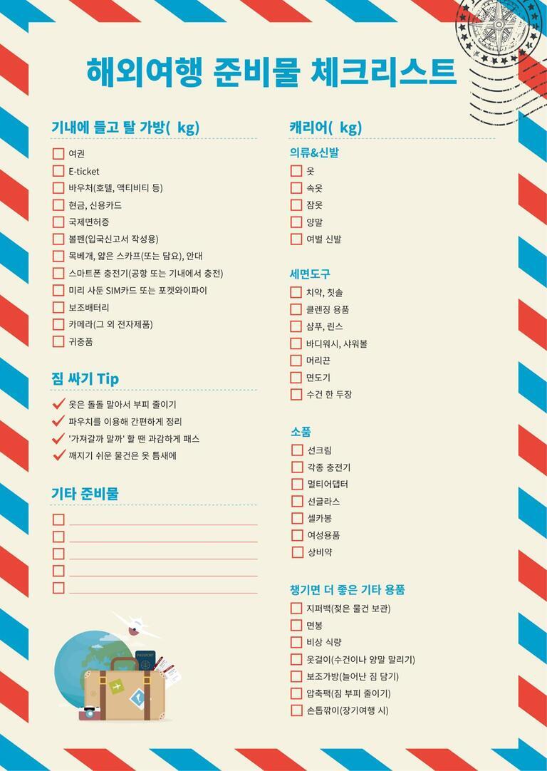 해외여행 준비물 체크리스트 포스터. 기내에 들고 탈 가방, 캐리어, 짐 싸기 팁, 기타 준비물, 챙기면 더 좋은 기타 용품 등으로 구성되어 있으며, 각각의 항목에는 여권, E-ticket, 현금, 신용카드, 국제면허증, 의류와 신발, 세면도구, 소품(선크림, 충전기, 멀티어댑터 등), 지퍼백, 면봉, 비상식량, 옷걸이, 보조가방, 압축팩, 손톱깎이 등 여행에 필요한 물품들이 체크박스와 함께 정리되어 있다. 하단에는 여행가방과 관련 소품의 삽화가 있다.