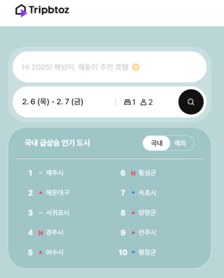 트립토즈(Tripbtoz) 호텔 예약 사이트 화면으로, 상단에는 검색 바와 날짜, 인원 선택란이 있고 그 아래에는 국내 급상승 인기 도시 TOP 10이 제주, 해운대구, 서귀포시, 경주시 등으로 표시되어 있다.