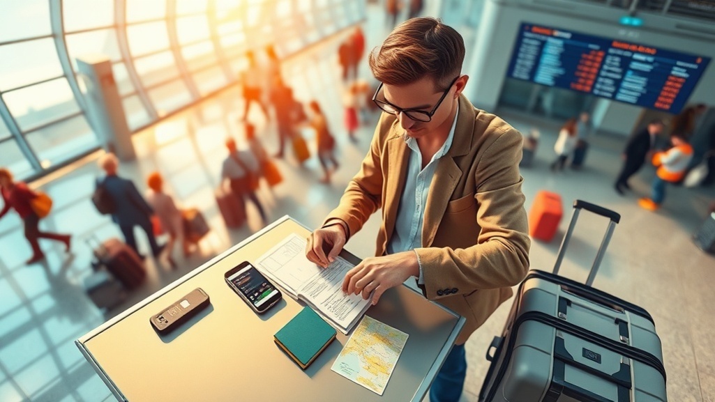 공항 대합실에서 여행 서류와 여권, 스마트폰, 지도 등이 놓인 테이블 앞에 선 남성이 체크인 준비를 하고 있다. 주변에는 여행객들이 이동하고 있고, 뒤쪽에는 출발 정보 전광판이 보인다.
