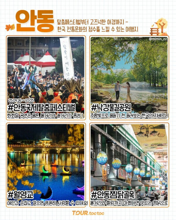 안동의 여행지와 축제를 안내하는 이미지. 상단에는 '안동'과 한국 전통문화를 느낄 수 있는 여행지라는 문구가 있으며, 네 개의 여행지와 주제가 사진과 함께 소개된다. 1) 안동국제탈춤페스티벌: 무대에서 탈춤 공연을 관람하는 관객들 모습. 2) 낙강물길공원: 푸른 나무와 물길을 따라 걷는 커플. 3) 월영교: 야경에 조명이 비치는 다리와 배들. 4) 안동찜닭골목: 전통등이 걸린 골목길과 음식점 풍경.