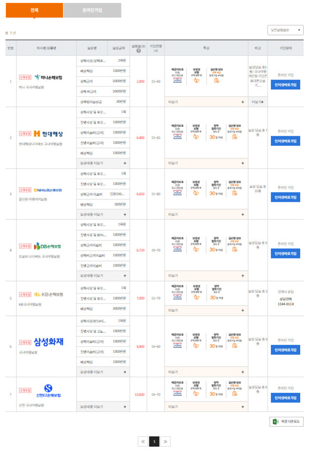 국내여행자보험 상품 비교 표로, 보험사명, 보험상품명, 보장금액, 납입보험료, 가입연령대, 특성 등이 나열되어 있으며 각 항목별로 여러 보험사가 정렬되어 있다. 오른쪽에는 '인터넷으로 가입' 버튼이 있다.