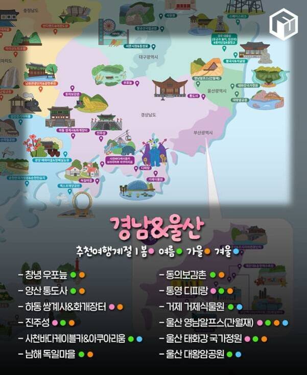 경남과 울산 지역의 주요 관광지와 사계절 추천 여행지를 지도에 아이콘으로 표시한 이미지. 창녕 우포늪, 양산 통도사, 하동 쌍계사&화개장터 등 14곳이 봄·여름·가을·겨울 별로 색깔 점(분홍색:봄, 파란색:여름, 초록색:가을, 주황색:겨울)과 함께 소개되어 있다.