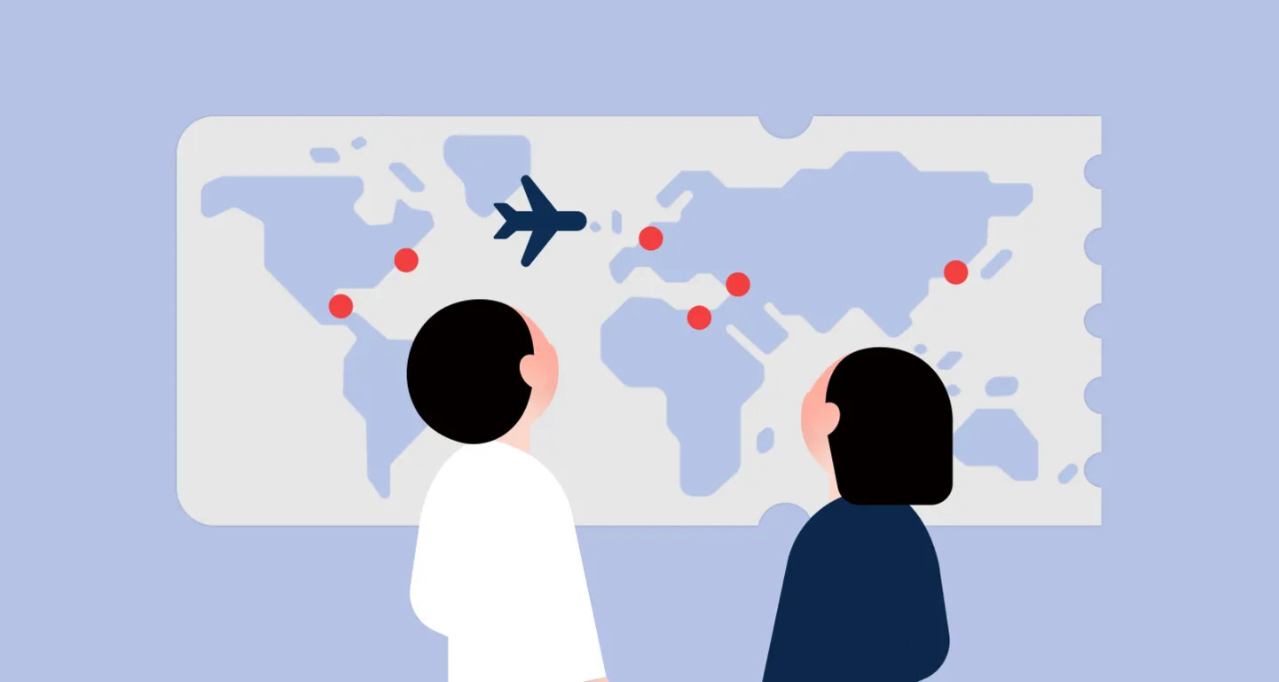 두 사람이 세계지도를 보며 비행기와 여러 빨간 점을 바라보고 있다.