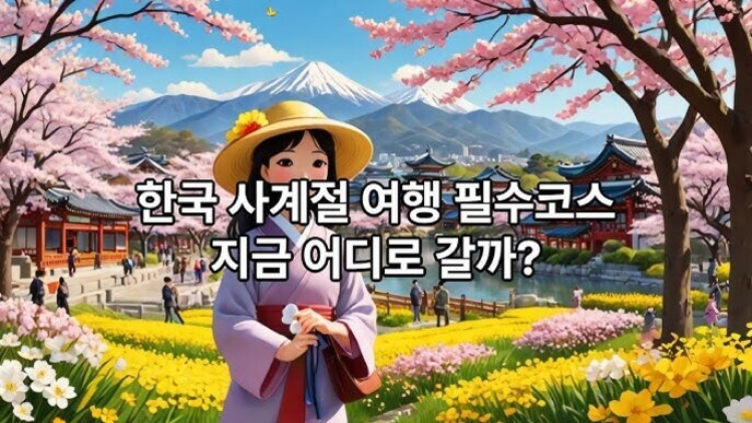 한복을 입은 여성이 봄꽃이 만개한 정원에서 서 있고, 뒤에는 전통 한옥과 벚나무, 멀리 설산이 보인다. 이미지 중앙에 '한국 사계절 여행 필수코스 지금 어디로 갈까?'라는 문구가 있다.