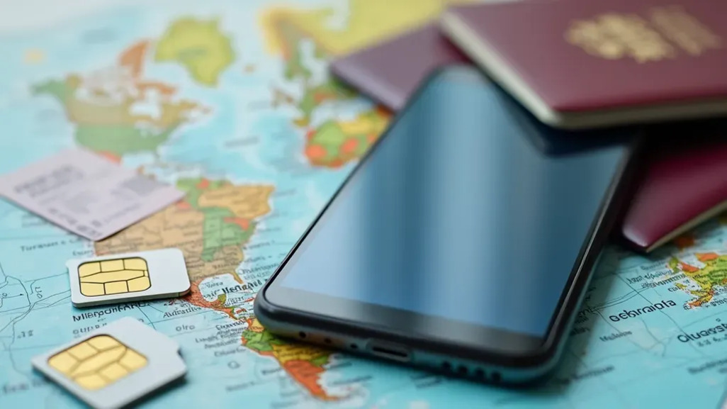 세계 지도 위에 스마트폰, 여권 두 권, 여러 개의 SIM 카드가 놓여 있다.