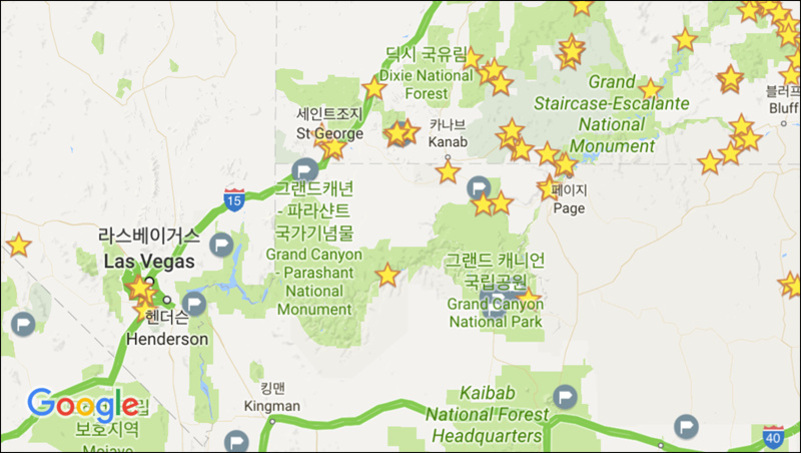 라스베이거스, 그랜드 캐년 국립공원, 파라샨트 국기념물, 그리고 Grand Staircase-Escalante National Monument 등 미국 서부 지역의 관광 명소와 주요 지점들이 한글과 영어로 표시된 지도 이미지. 별 아이콘으로 여러 명소가 강조되어 있다.