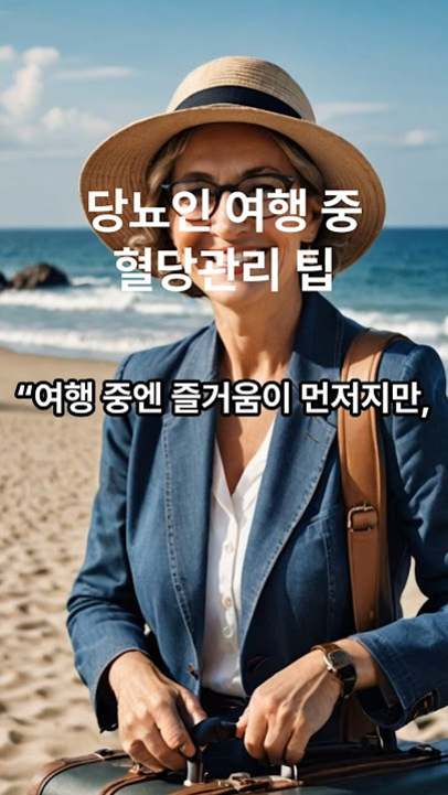 해변을 배경으로 여행 가방을 든 모자와 선글라스를 쓴 여성이 서 있고, '당뇨인 여행 중 혈당관리 팁'과 '여행 중엔 즐거움이 먼저지만,'이라는 문구가 적혀 있다.