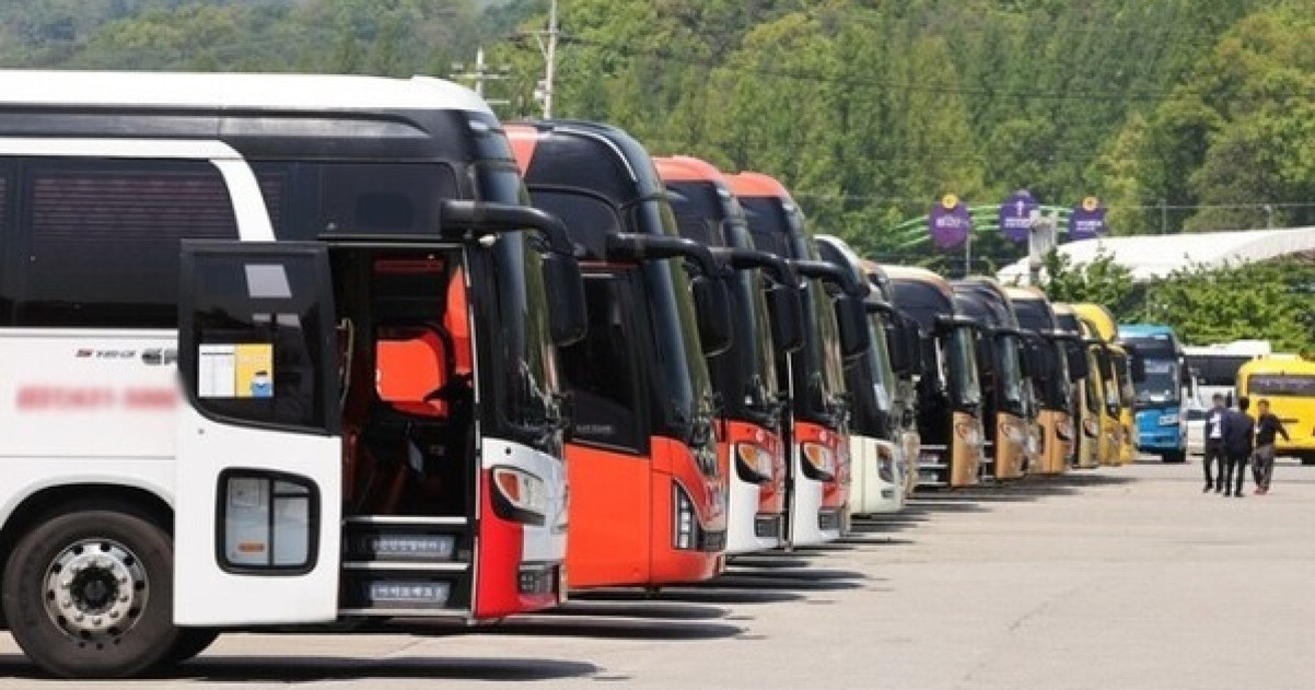 여행지 안전 정보: 사고 예방과 최신 해외여행 안전 수칙 완벽 가이드 3 여러 대의 관광버스가 주차장에 일렬로 세워져 있고, 일부 버스 문이 열려 있다. 배경에는 나무와 몇 명의 사람이 보인다.