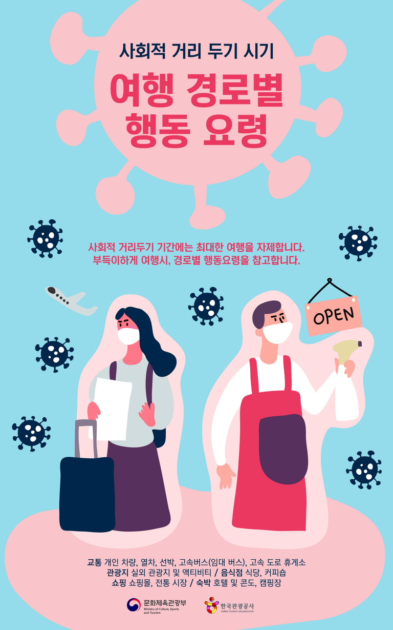 코로나19 사회적 거리 두기 시기의 여행 경로별 행동 요령을 안내하는 포스터. 마스크를 쓴 여성 여행객과 남성 점원이 각각 캐리어와 오픈 팻말을 들고 있으며, 주변에 바이러스 아이콘이 배치되어 있다. 하단에는 교통수단, 관광지, 음식점 등 다양한 장소가 언급되어 있다.