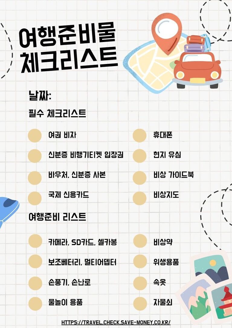 여행준비물 체크리스트 이미지. 필수 체크리스트로 여권, 비자, 신분증, 비행기티켓, 입장권, 바우처, 신분증 사본, 국제 신용카드, 휴대폰, 현지 유심, 비상 가이드북 및 지도 등이 있으며 여행준비 리스트로 카메라와 SD카드 등 전자제품과 보조배터리 멀티어댑터 손풍기 물놀이 용품 위생용품 속옷 자물쇠 등이 나열되어 있음. 배경에는 지도와 자동차 그림이 있음.