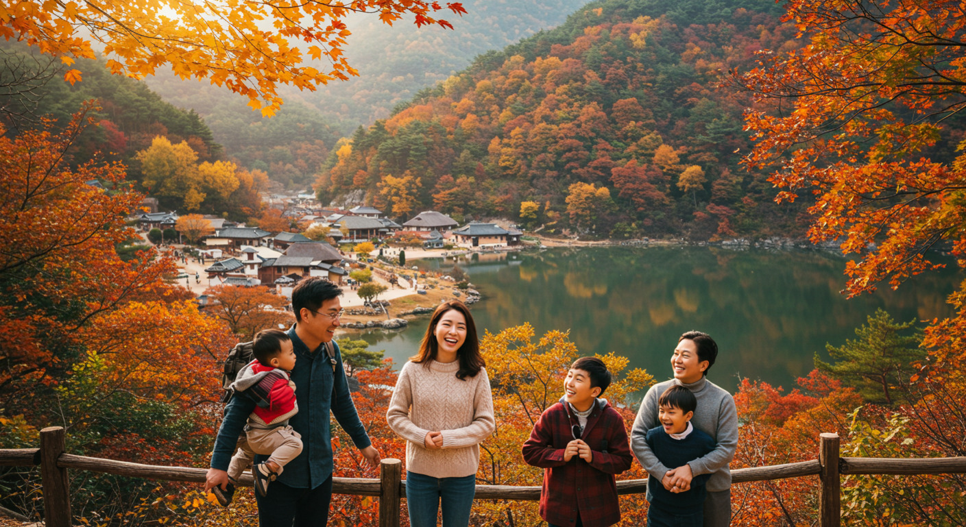 가을 단풍이 물든 산과 호수를 배경으로, 행복하게 웃고 있는 가족 다섯 명이 나무 울타리 앞에서 포즈를 취하고 있다.