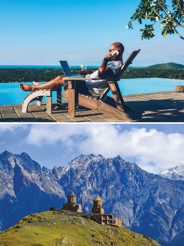 첫 번째 이미지는 수영장 옆 데크 체어에 앉아 노트북을 사용하며 음료를 마시는 사람, 두 번째 이미지는 산 정상의 고대 건축물과 눈 덮인 높은 산맥 배경.